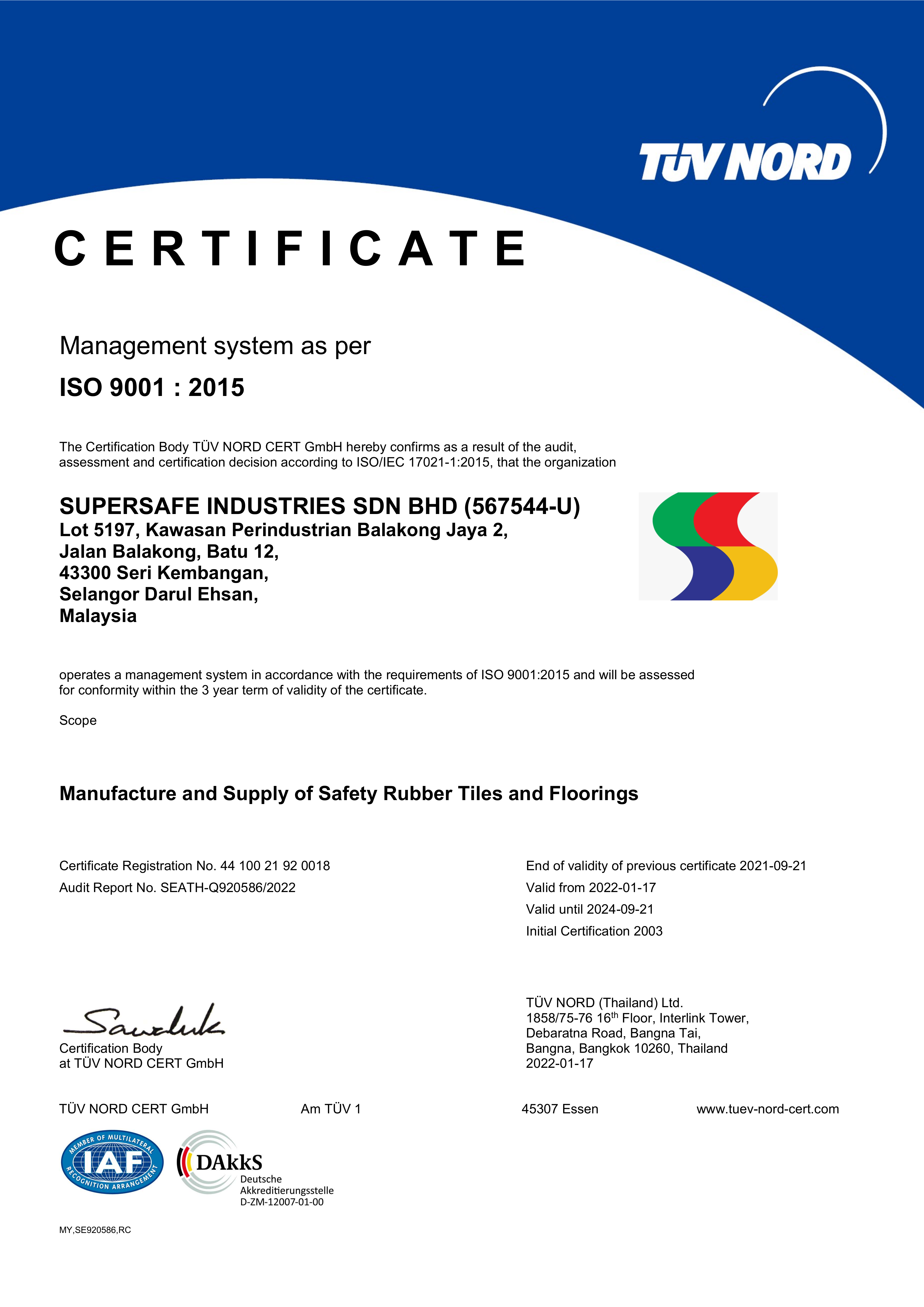 Supersafe Certificate ISO 9001 2015