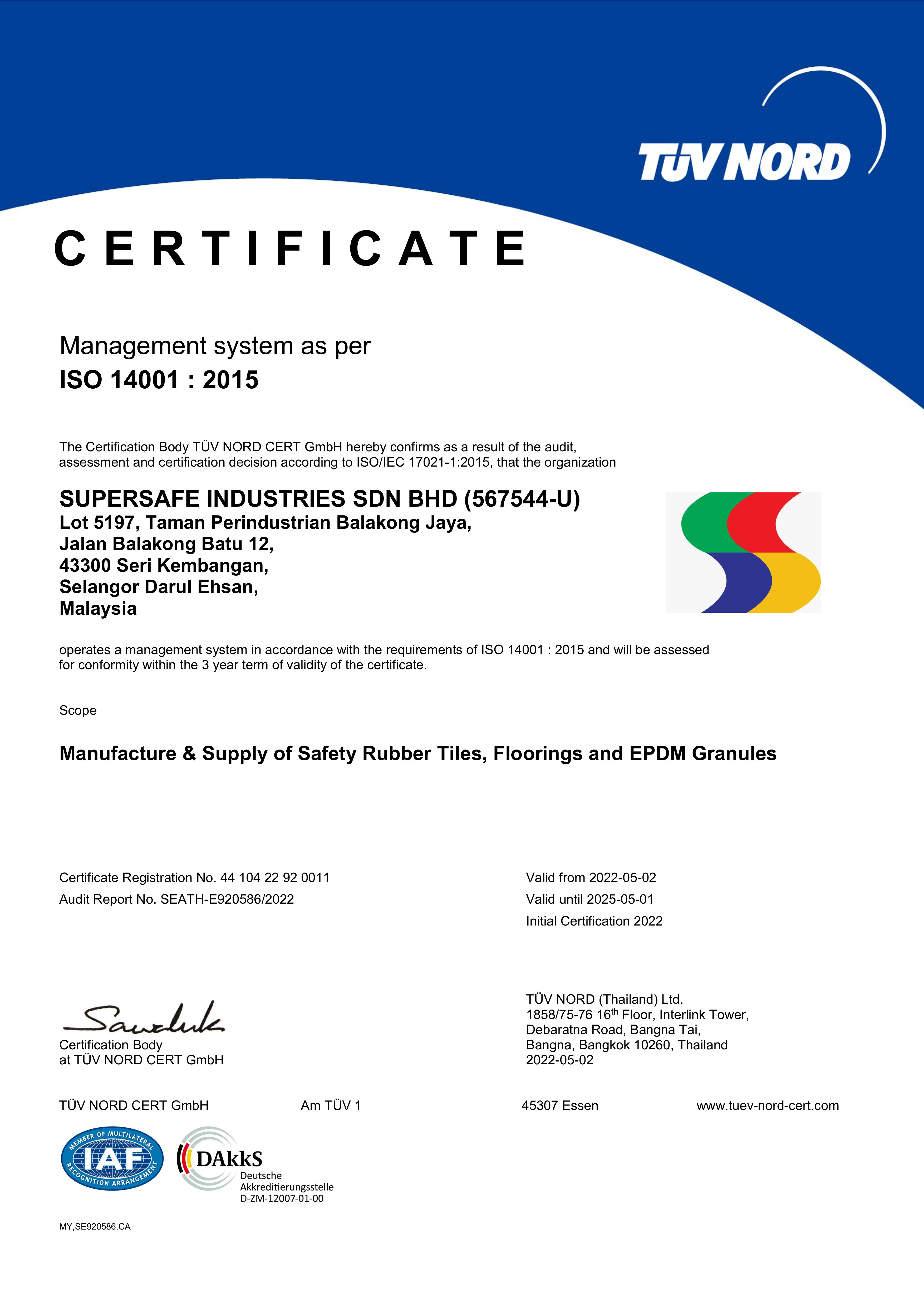 Supersafe Certificate ISO14001 2015